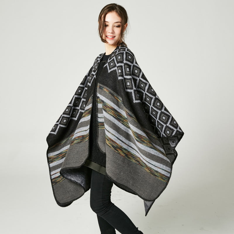 Ladies Rhombus Color Stripes Shawl High End Women Double Sided Wear Outing Cloak