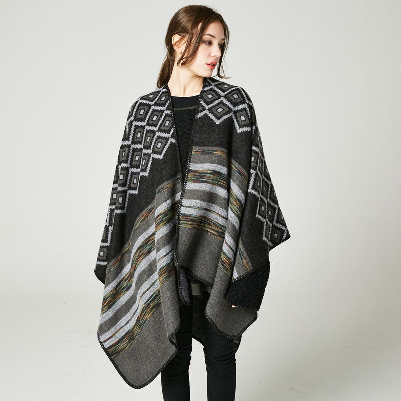 Ladies Rhombus Color Stripes Shawl High End Women Double Sided Wear Outing Cloak