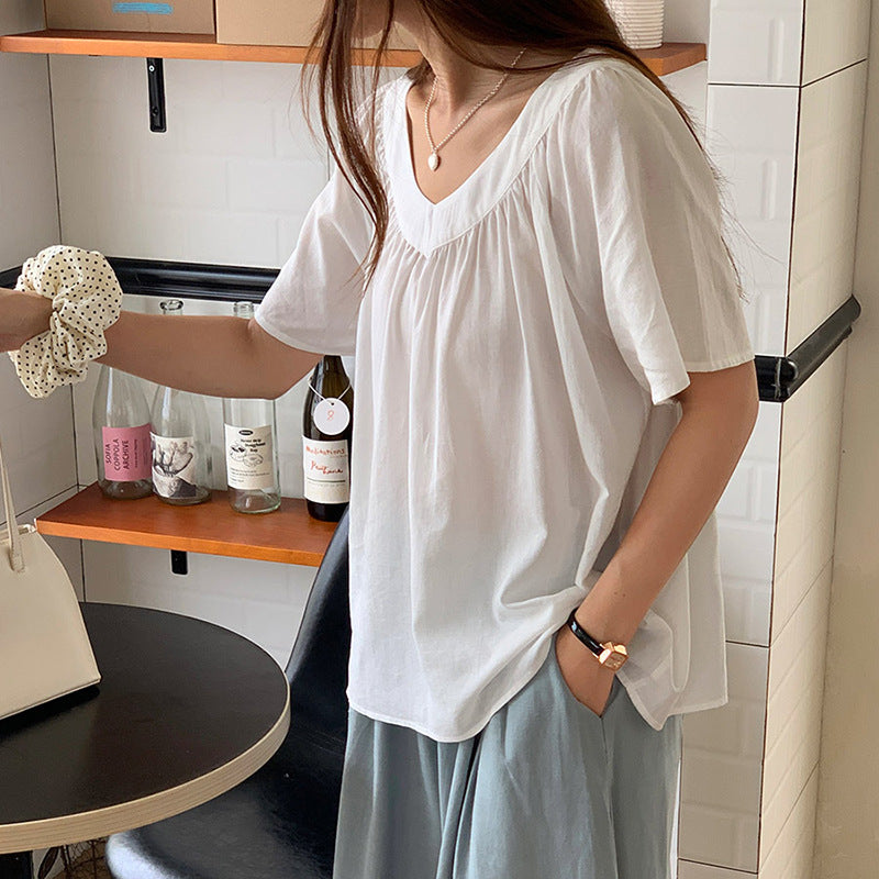 Simple V neck T shirt Women Summer Loose Comfortable Solid Color Figure Flattering Blouse Short Sleeved Top