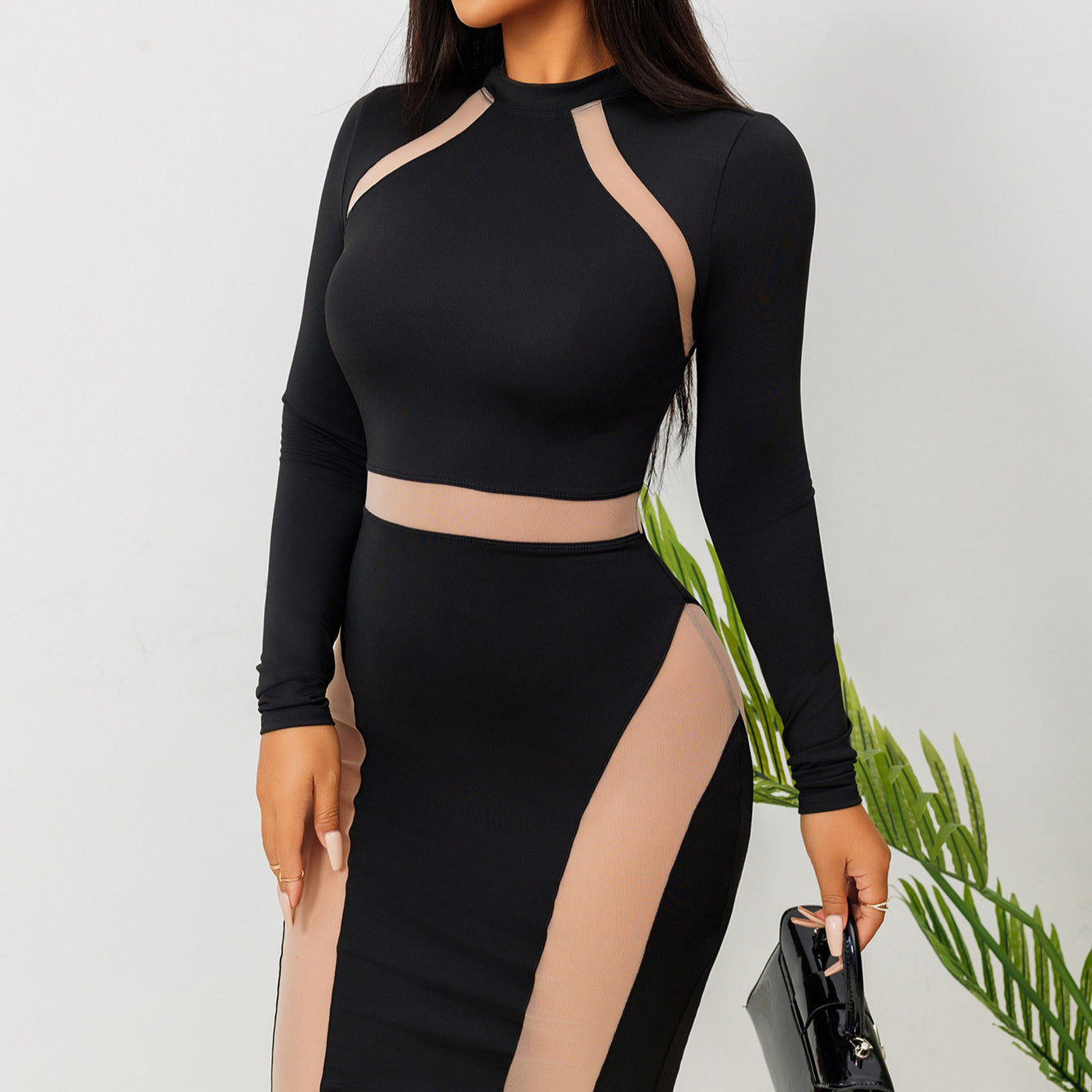 Summer Nightclubs Sexy Long Sheath Dress Long Sleeve Black Lace Grenadine Dress