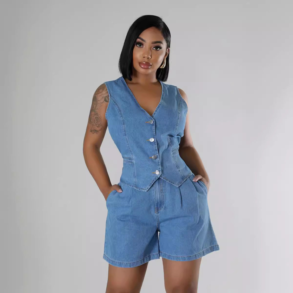 Summer Casual Sleeveless High Waist Women Denim Shorts Sets