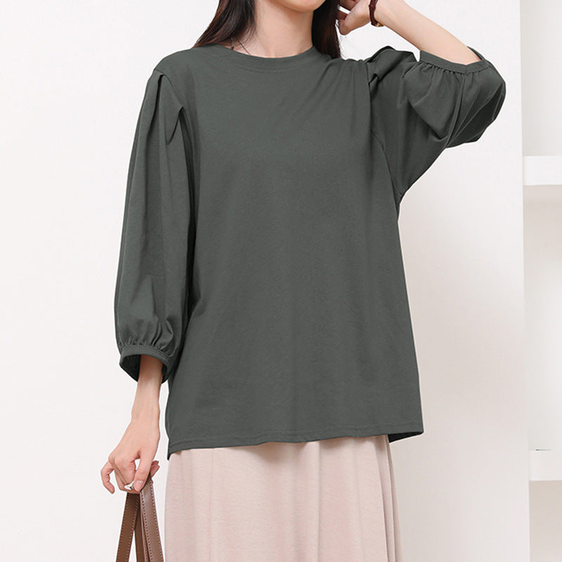 T shirt for Women Early Autumn Fresh Breathable Lantern Sleeve round Neck Solid Color Three Quarter Length Sleeve Top for Women