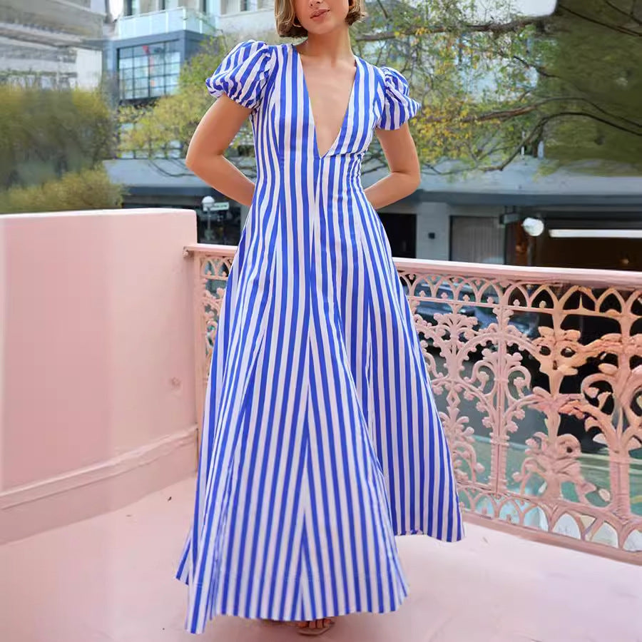 Low Cut V neck Striped Puff Sleeve Large Swing Dress