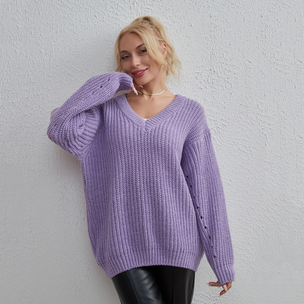 Wild Strawberry Sexy Loose Casual V Neck Large Sweater Women