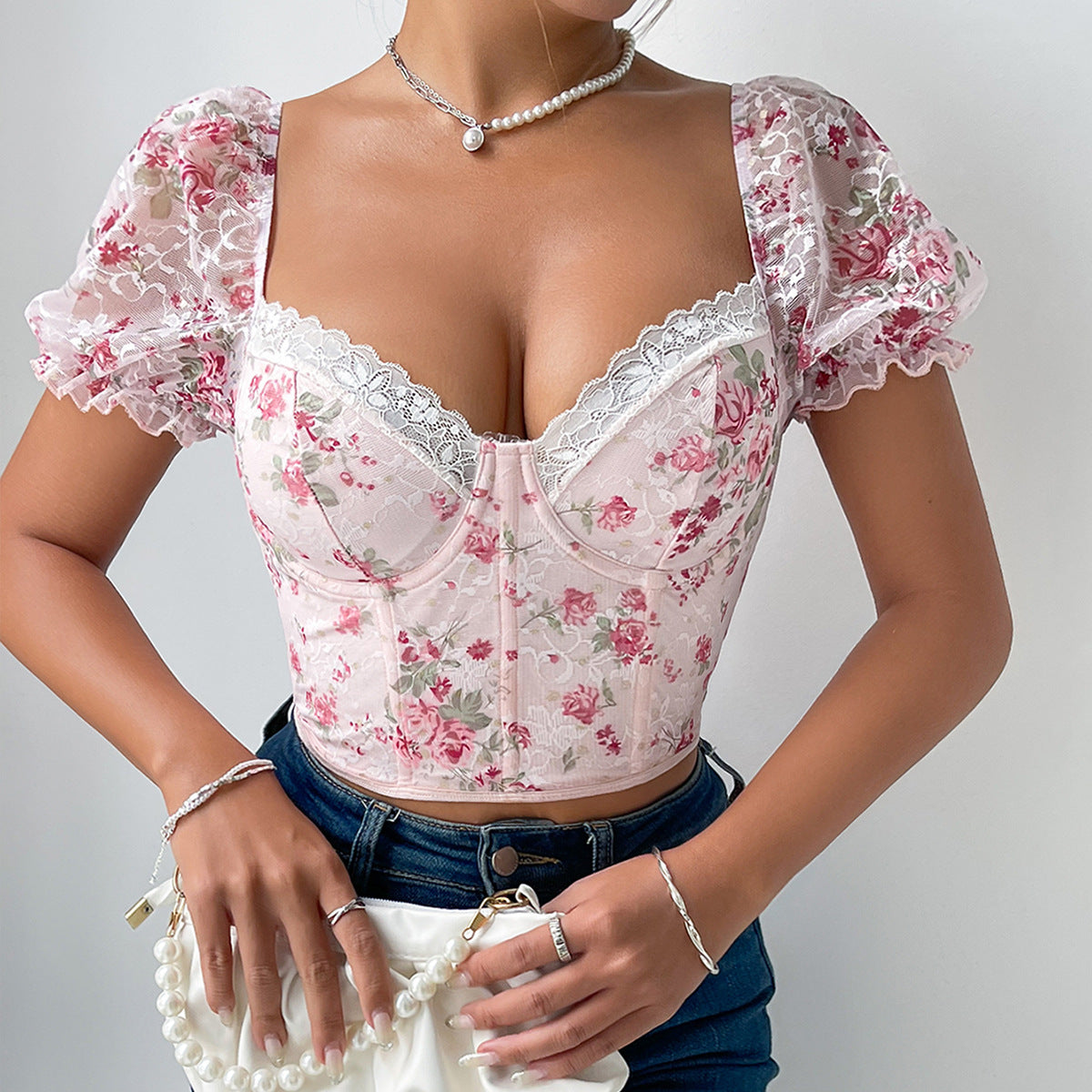 Summer Cute Floral Printed Lace Puff Sleeve Boning Corset Steel Ring Outer Wear Short Top