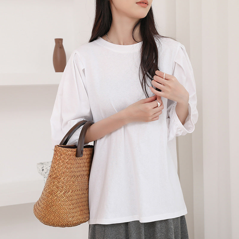 T shirt for Women Early Autumn Fresh Breathable Lantern Sleeve round Neck Solid Color Three Quarter Length Sleeve Top for Women